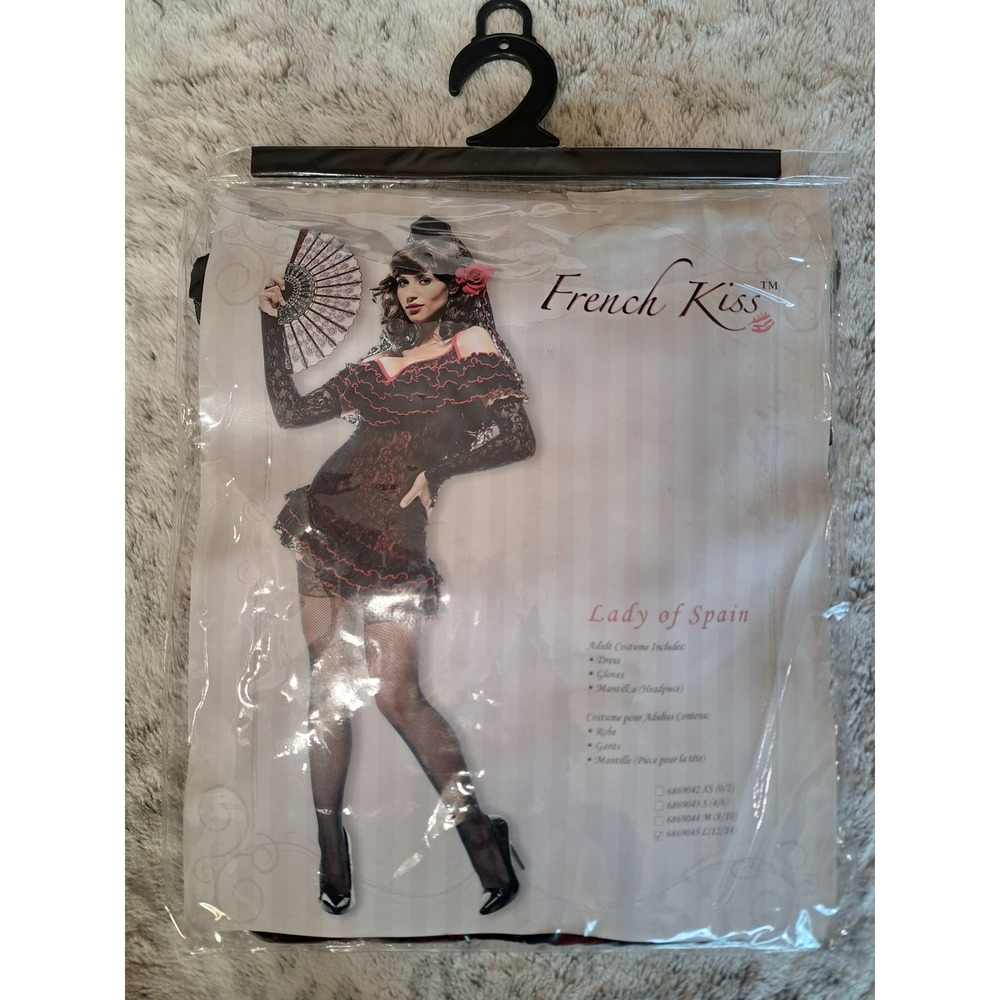 French Kiss Lady of Spain Costume Black Red Lace Dress Gloves Mantilla L 12-14